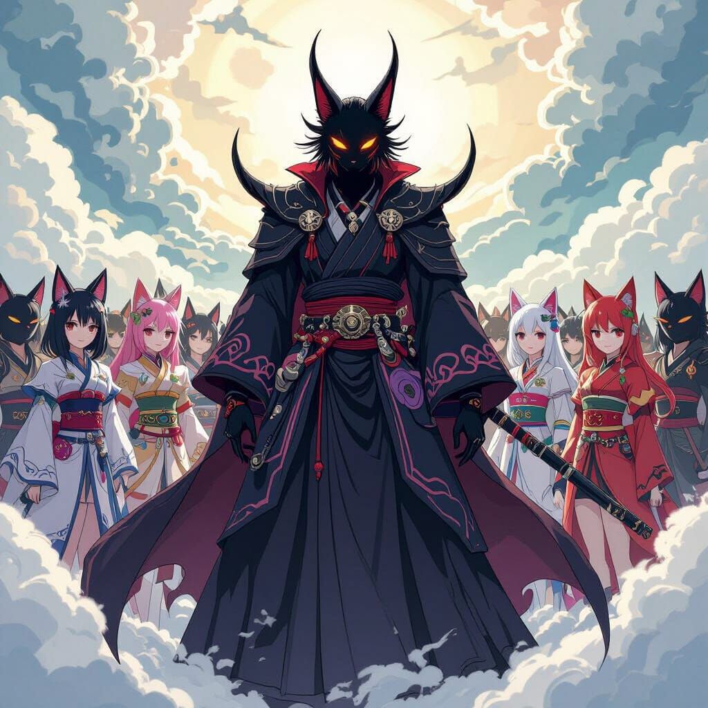 Demon God with Neko Girl Army in Anime Style