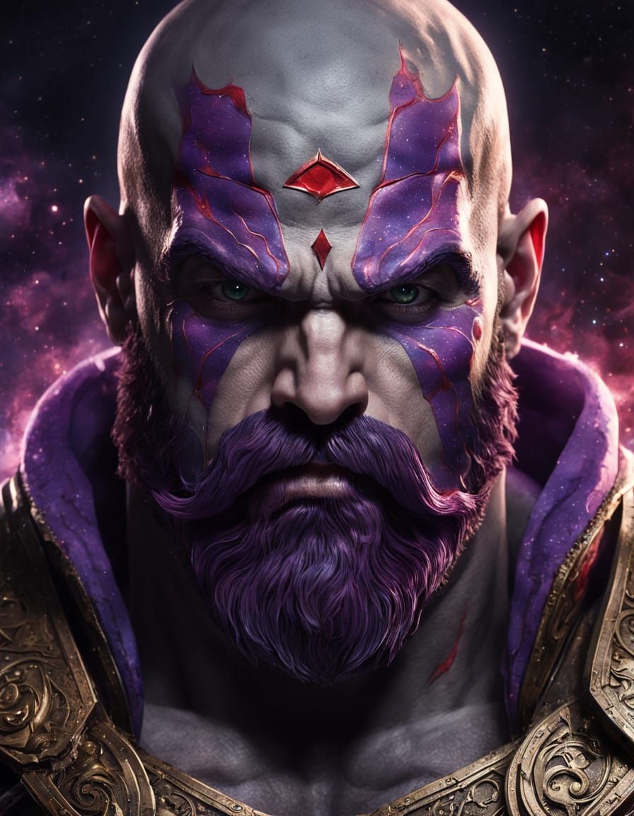 Kratos-Inspired Superhero Against Galaxy Backdrop