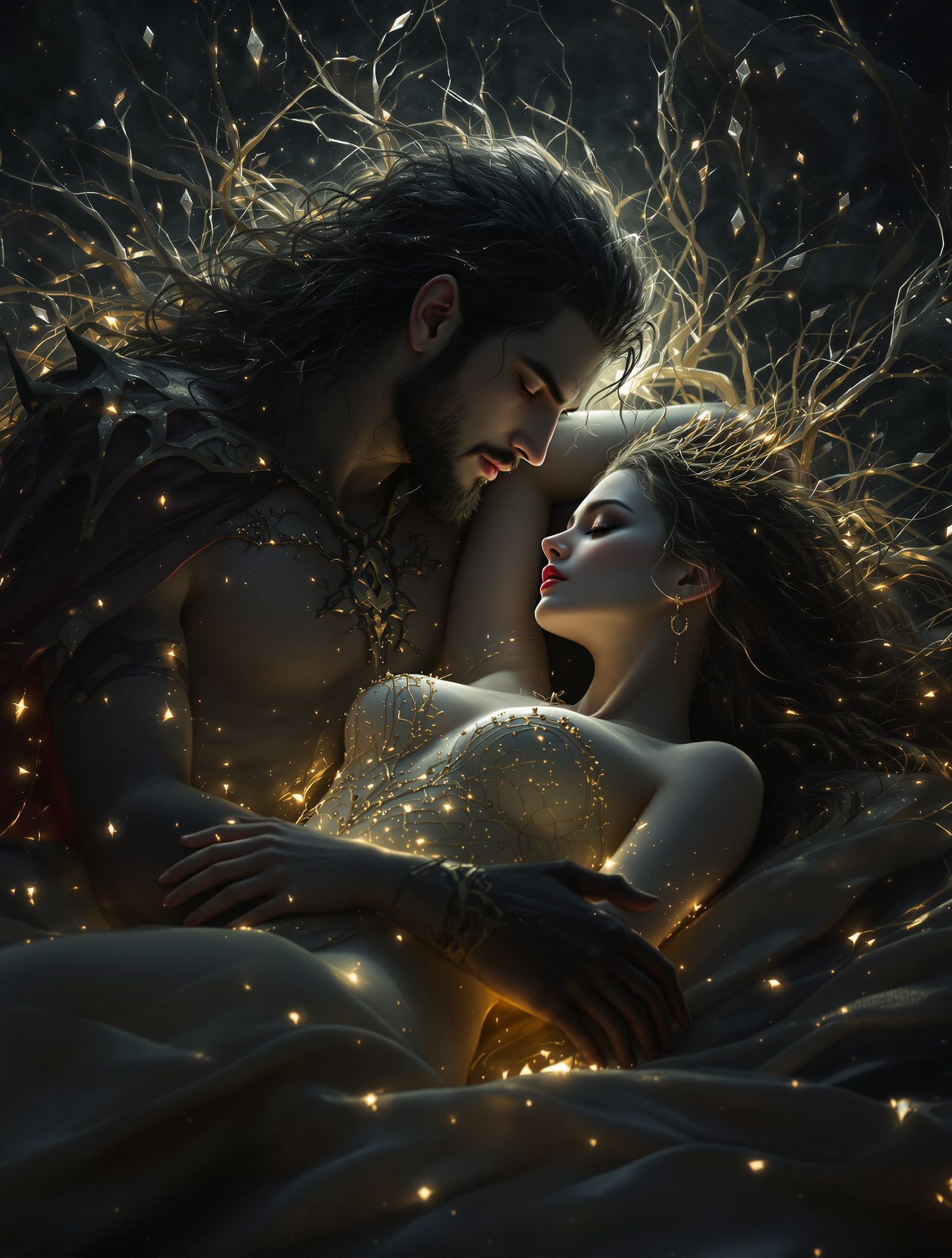 Lord of Light Comforts Goddess in Gothic Fantasy Landscape
