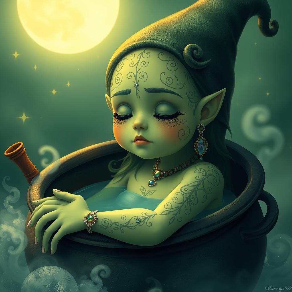 Green Witch Bathing in Ethereal Fantasy Realm