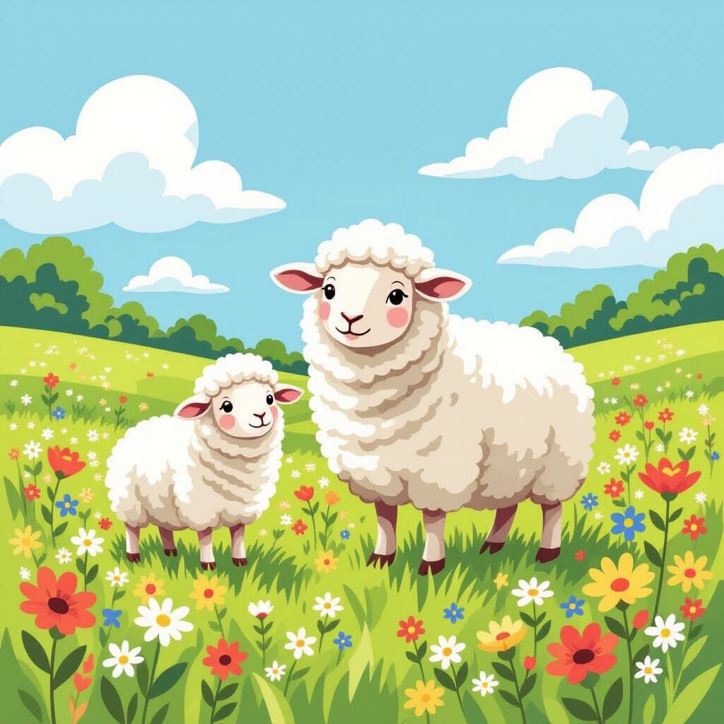Fluffy Sheep in Meadow: Watercolor Illustration