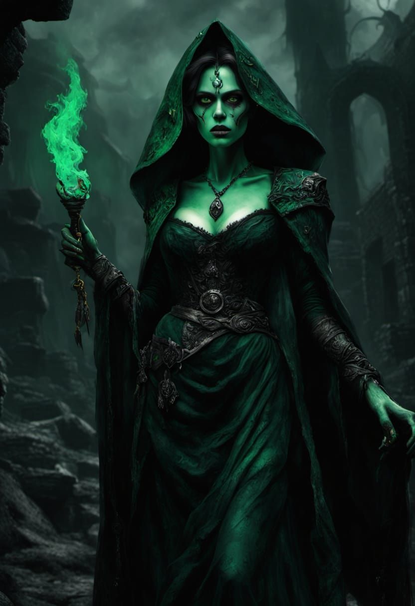 Plague Sorceress in Ruined Village: Dark Fantasy Art
