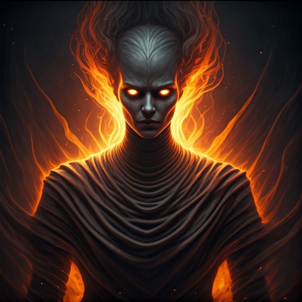 Monochromatic Fiery Djinn in Dark Fantasy Style