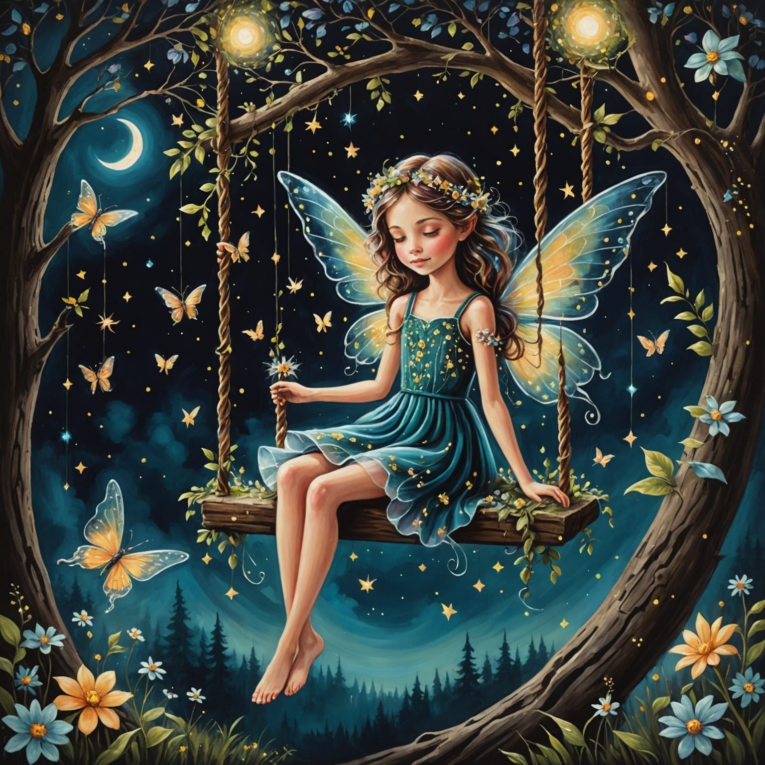 Whimsical Fairy Sits on a Tree Swing Under the Moonlight