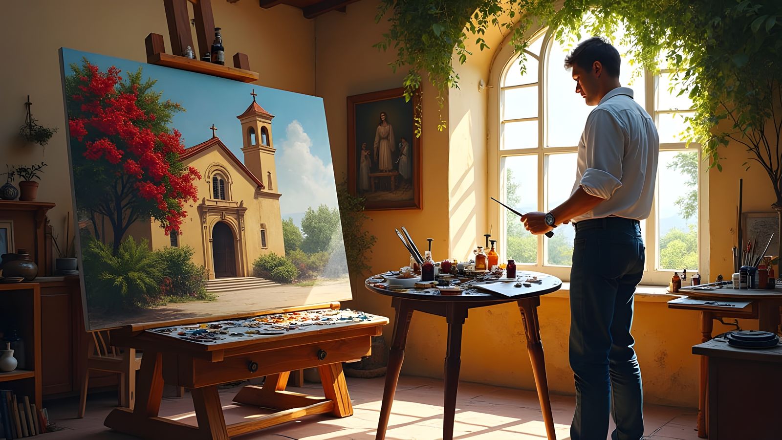 Artist Painting Spanish Mission with Bougainvilleas