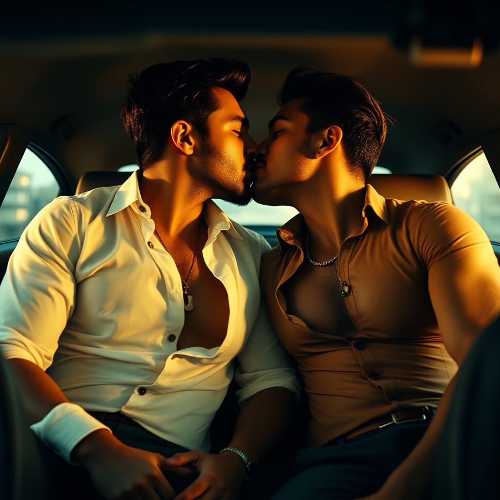 Passionate Moment: Two Men in Car, Cinematic Style