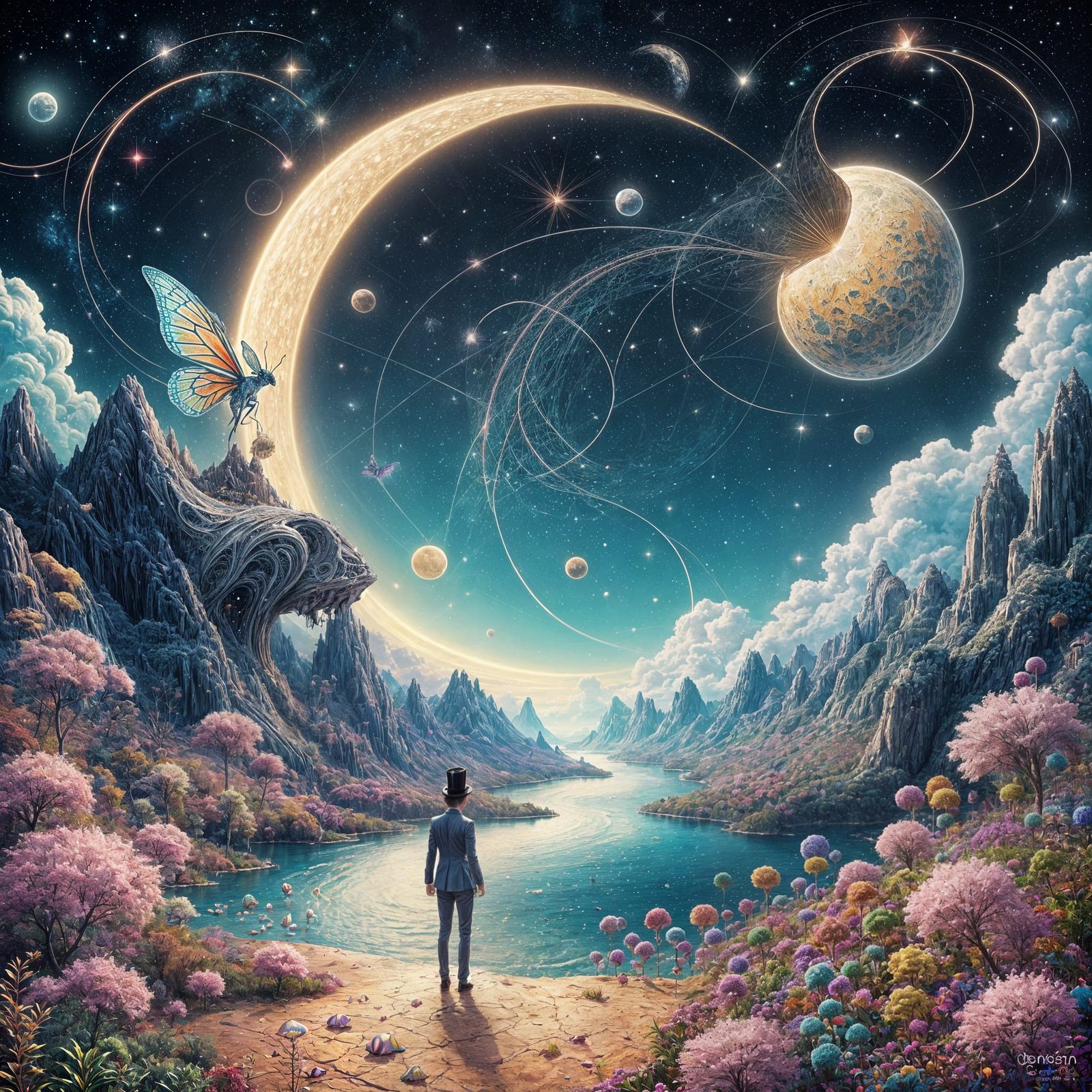 Surreal Psychedelic Landscape with Clockwork Sky and Winged ...