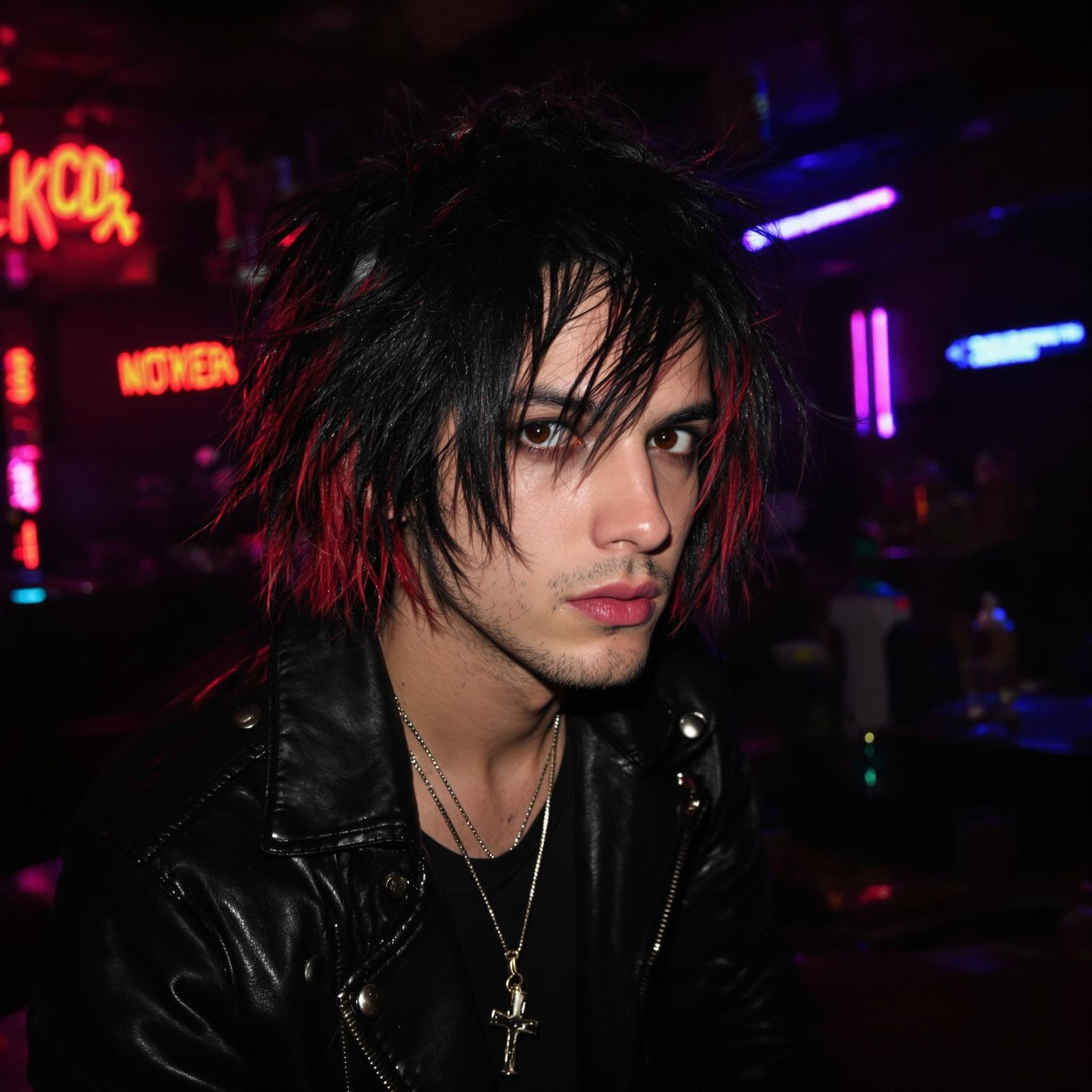 Mysterious Punk Rocker in a Neon Bar
