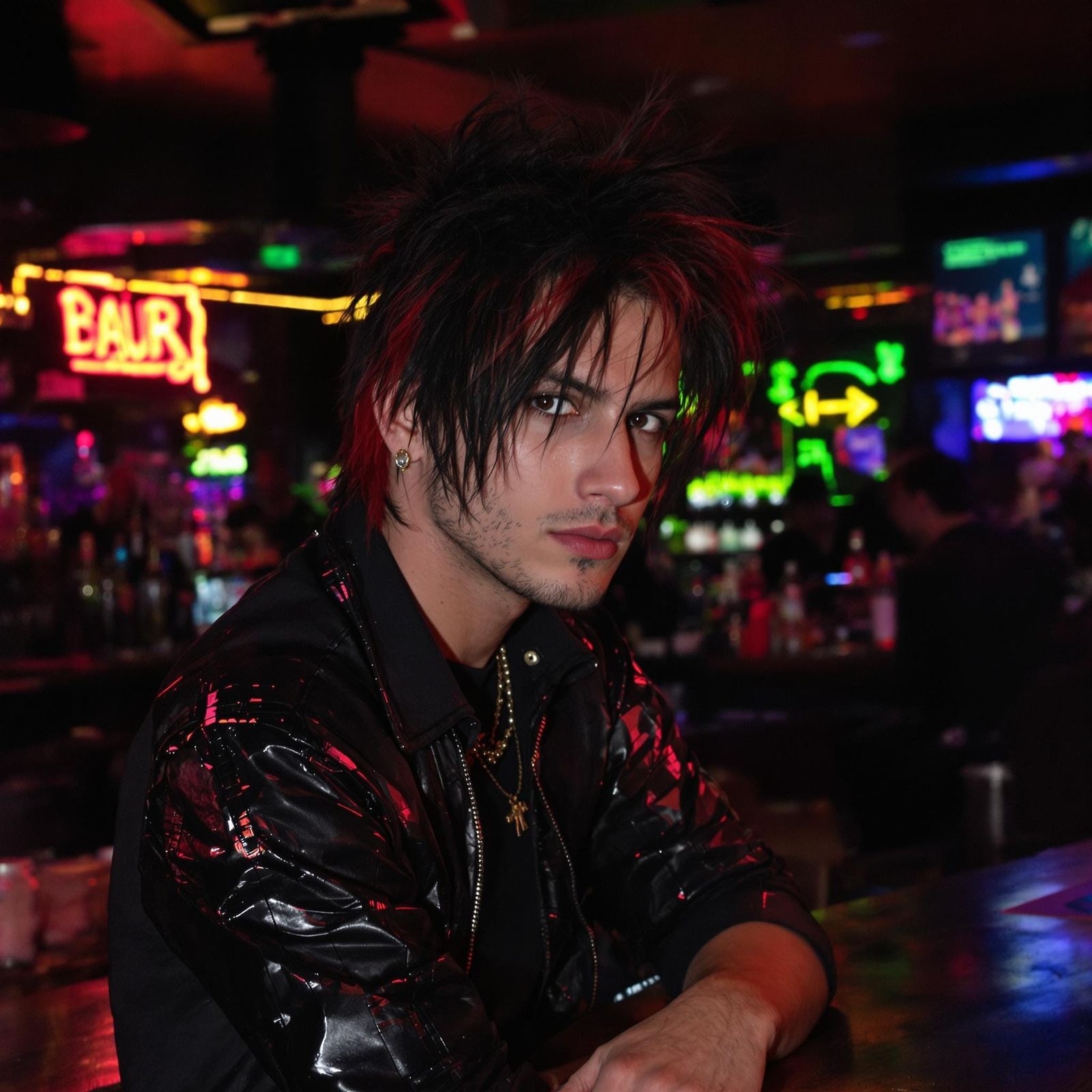 Mysterious Punk Rock Icon in a Neon Bar