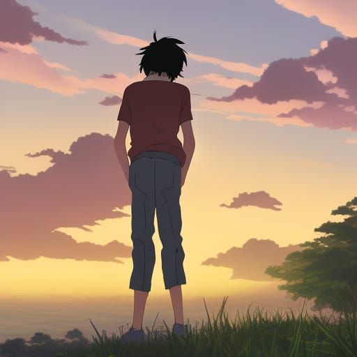 Anime Boy Watches Sunrise: Ghibli-Inspired Key Visual