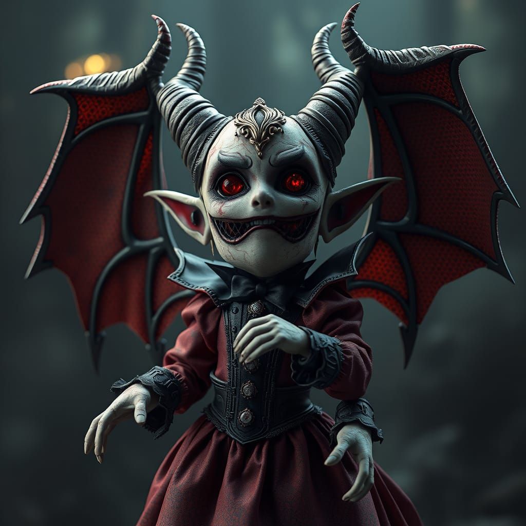 Surreal Blood Demon Doll in Gothic Attire, Surrounded by Mys...