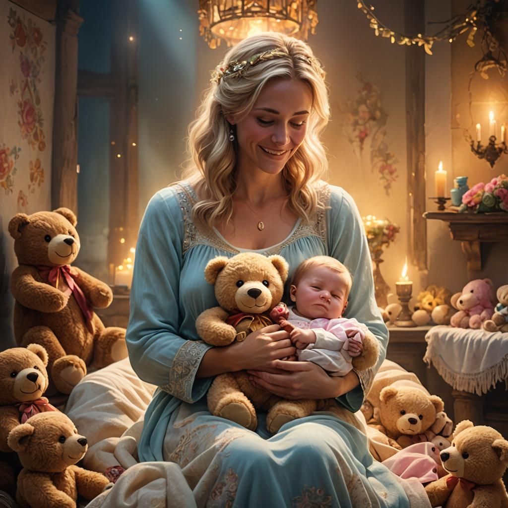 Mother and Child with Teddy Bear in Fantasy Art