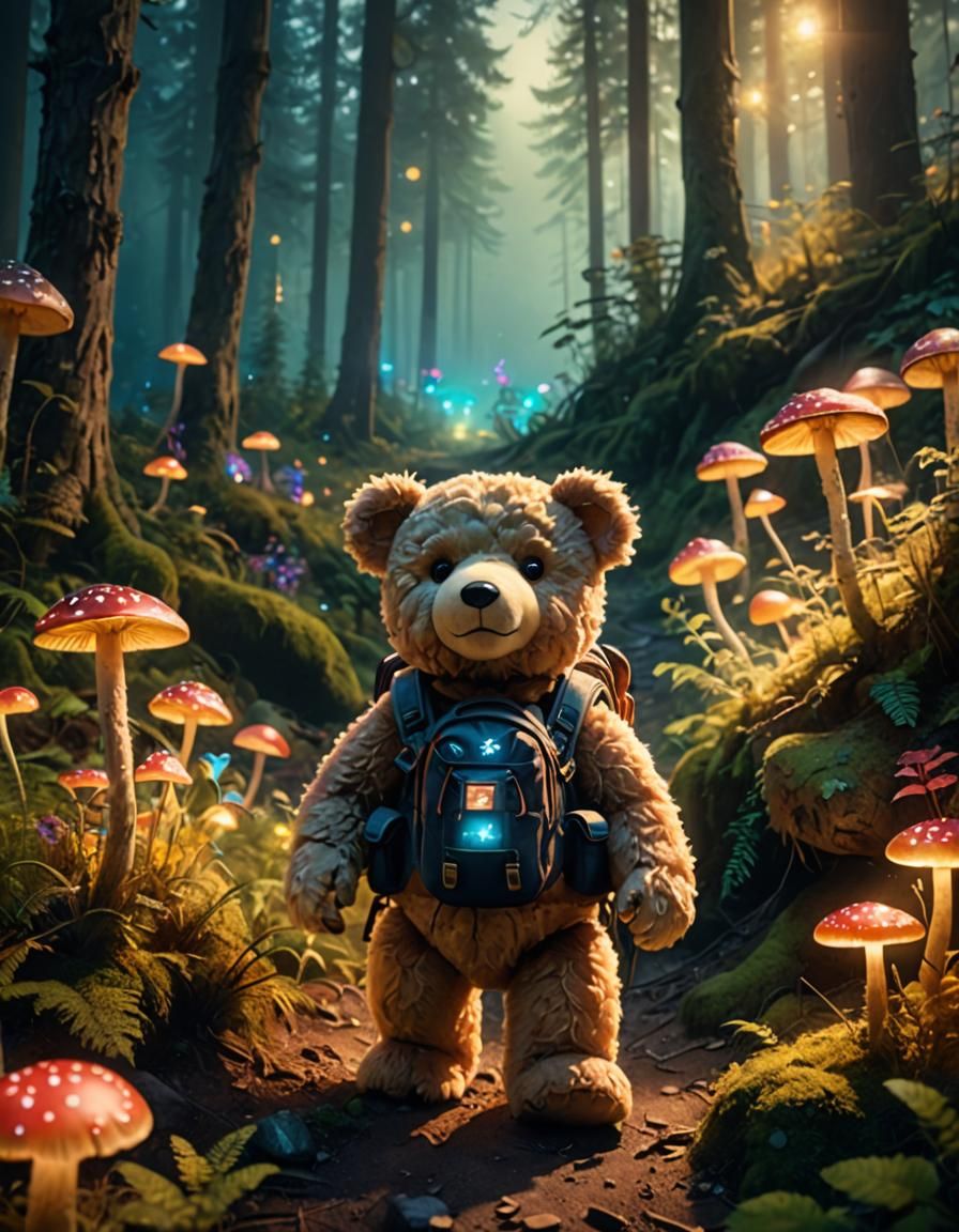 Teddy Bear's Enchanted Forest Adventure in Ethereal Style