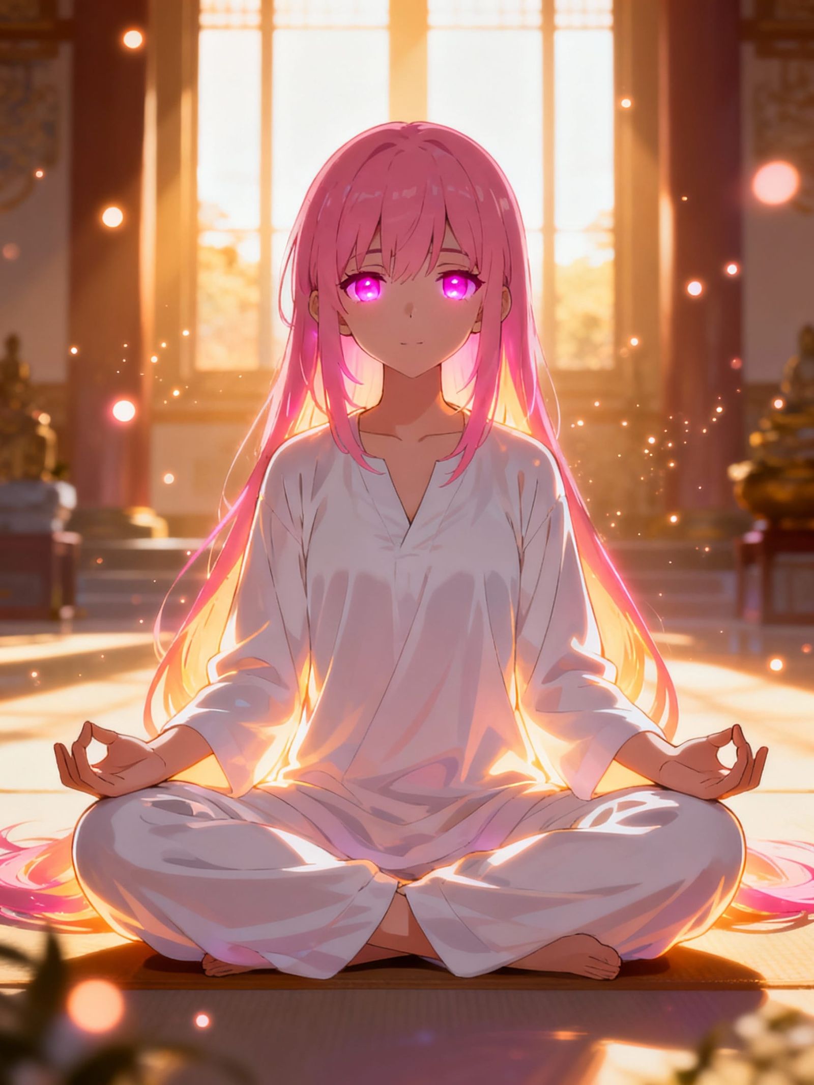 Anime Girl Meditating in Golden Hour Temple
