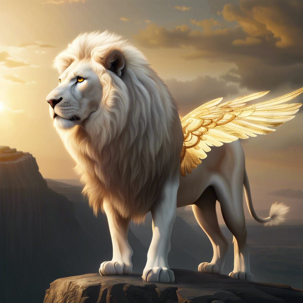 Winged White Lion at Sunrise: Epic Digital Art