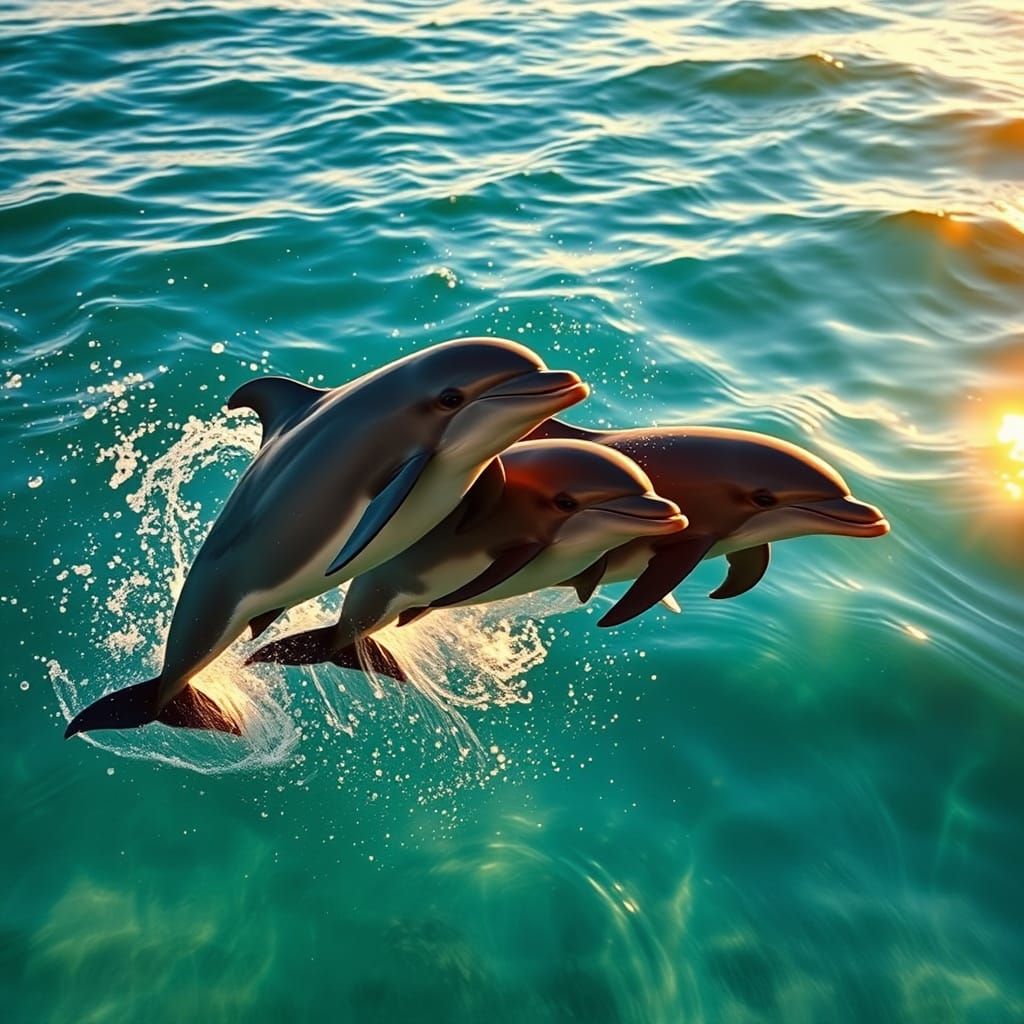 Dolphins Leap from Ocean at Sunrise, Droplets Suspended