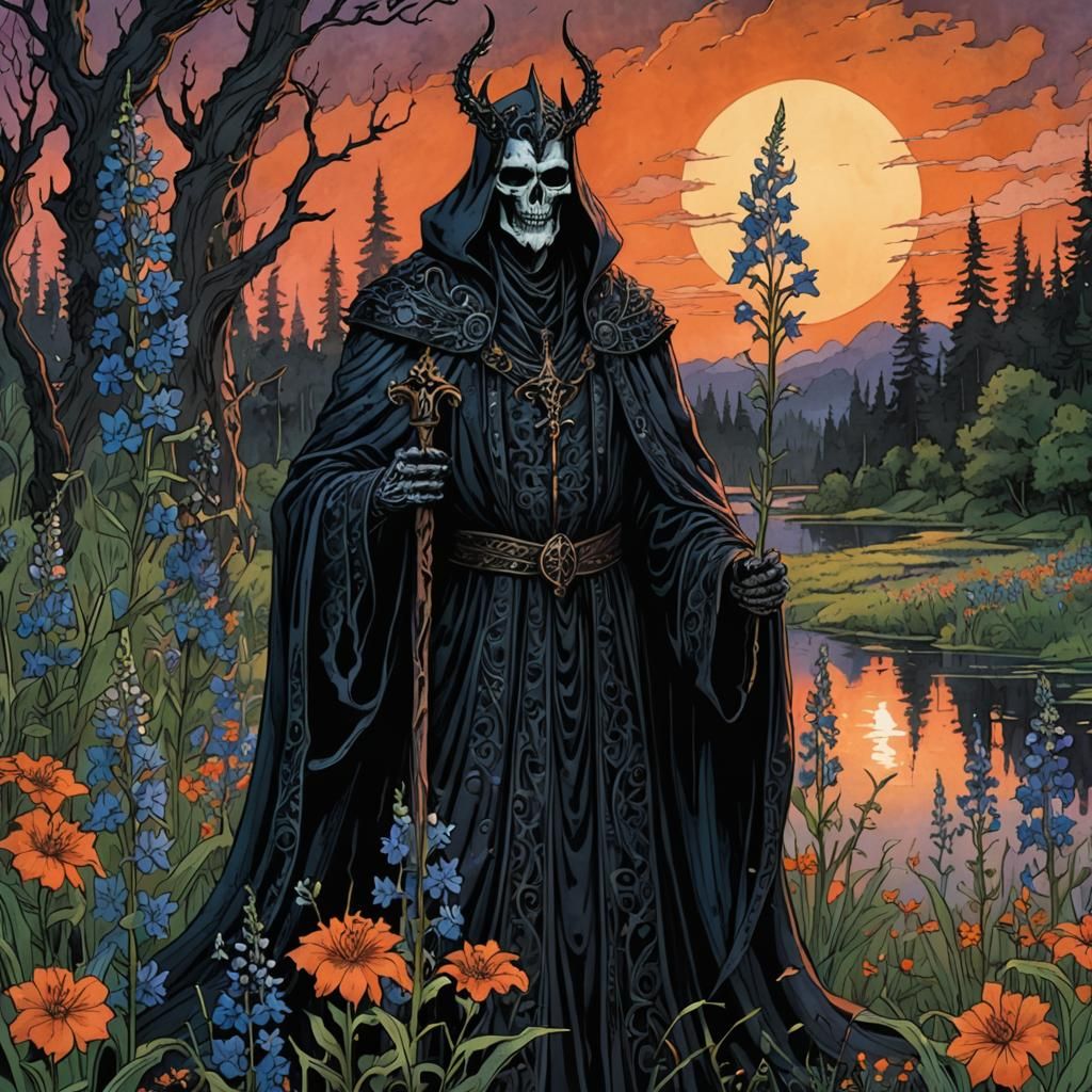 Gothic Lich in Delphinium Meadow at Sunset