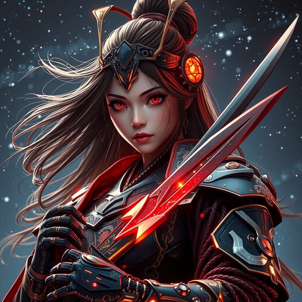 Cyborg Samaurai Woman with Radiant Sword in Triadic Hues
