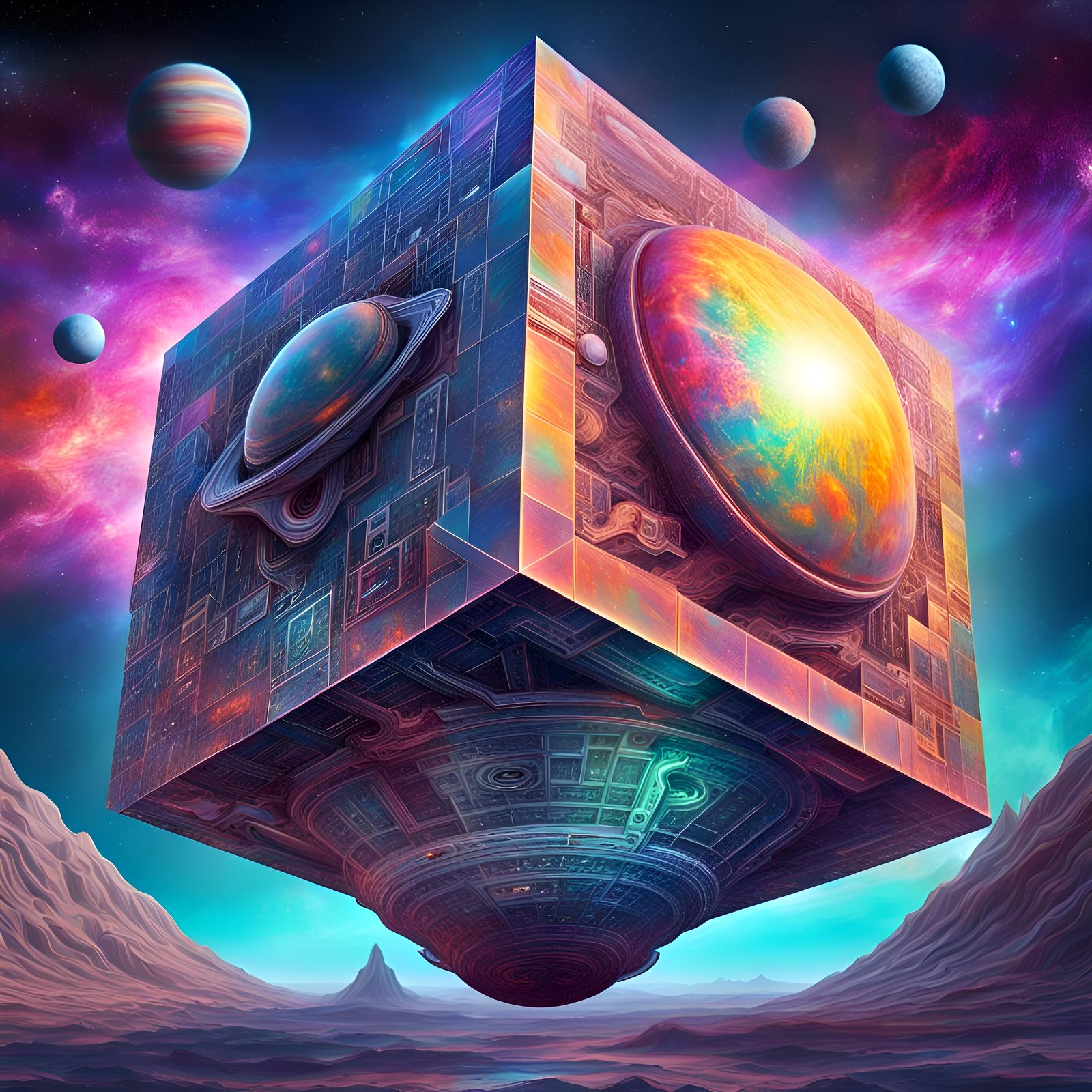 Distorted Alien Spaceship Orbiting Planet in Cosmic Style