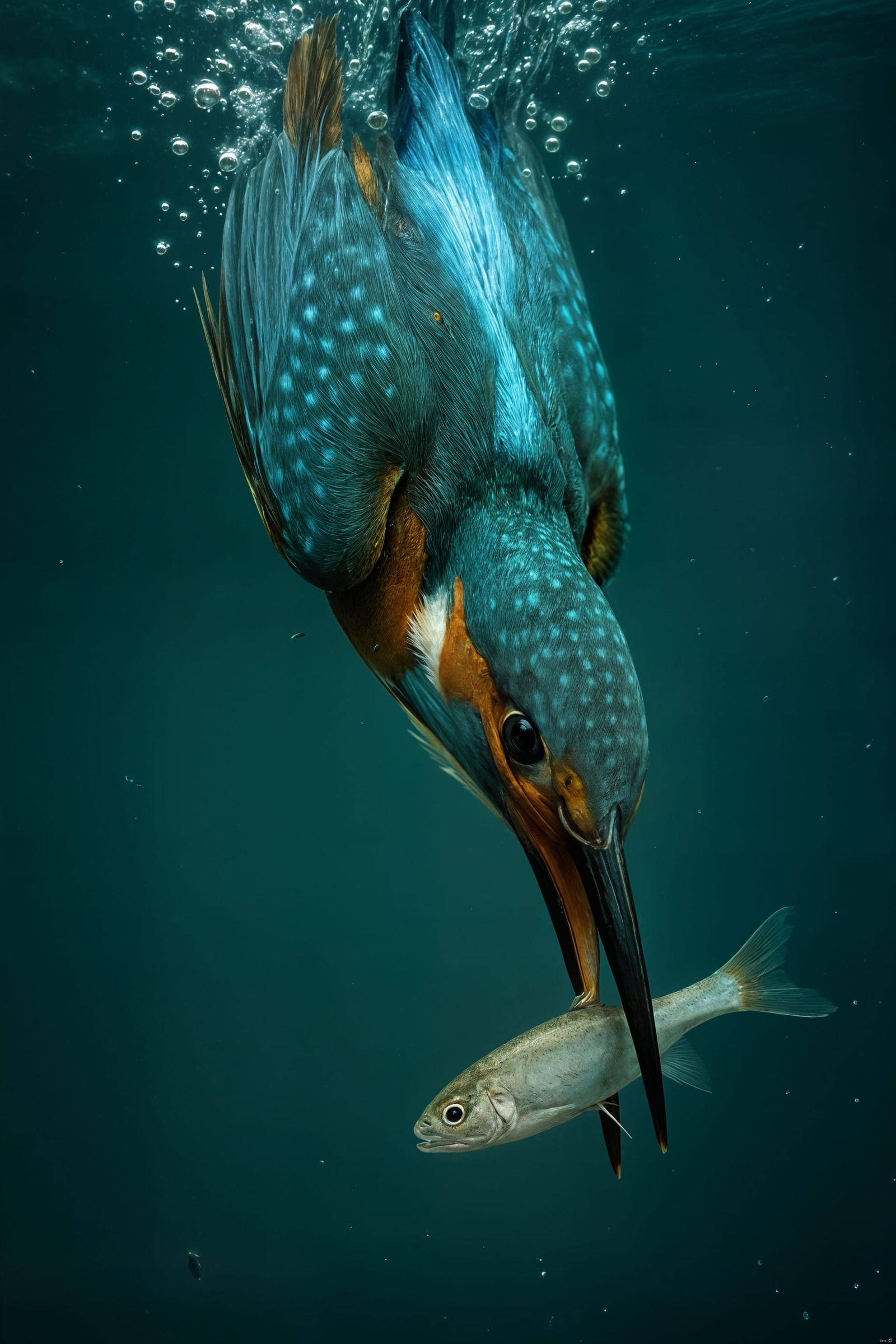 Kingfisher Diving for Fish Underwater Wildlife Photo