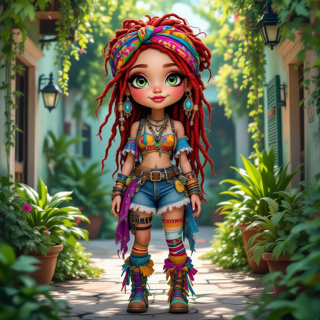 Whimsical Boho Woman in Overgrown New Orleans Courtyard