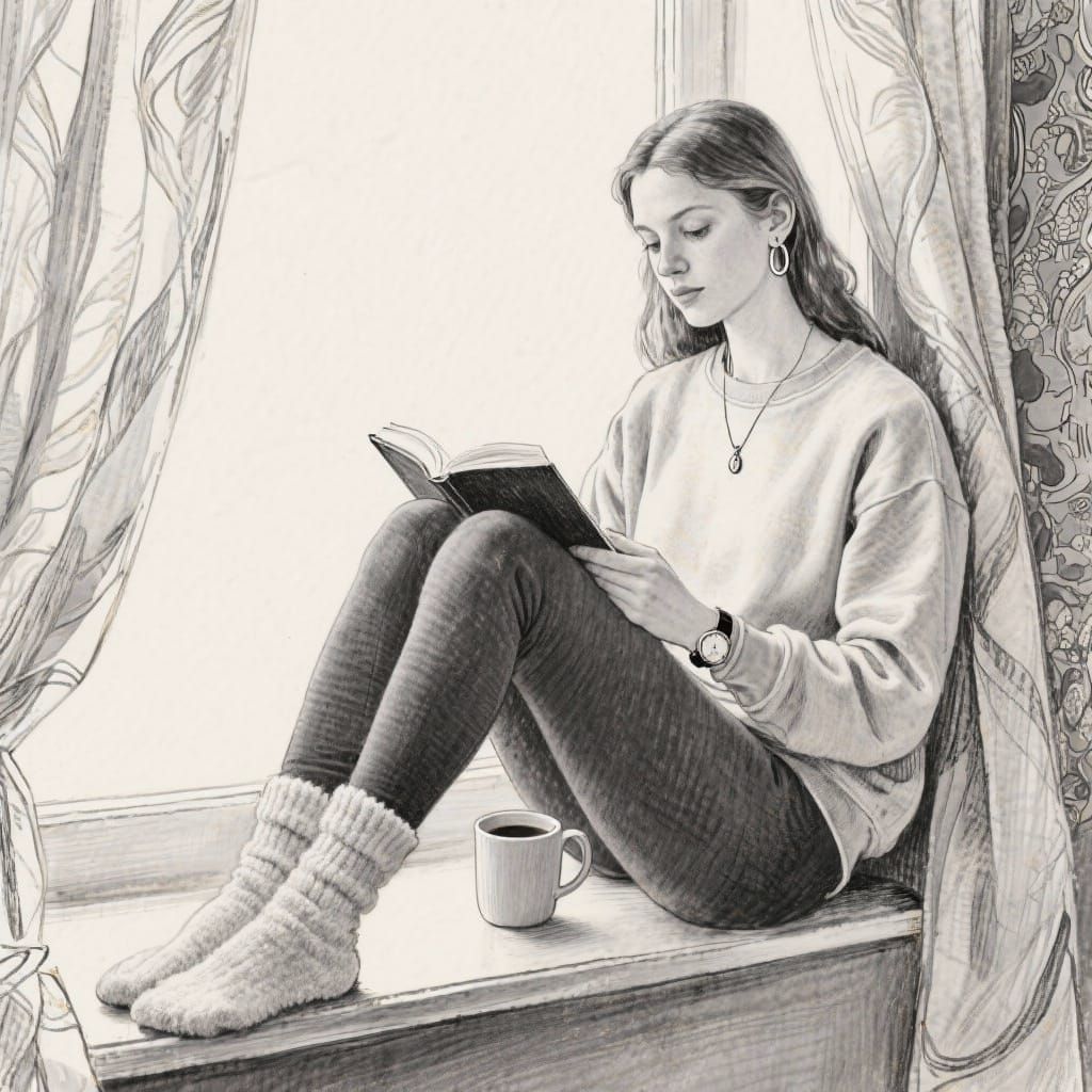 Grayscale Fashion Sketch: Woman Reading in Windowsill