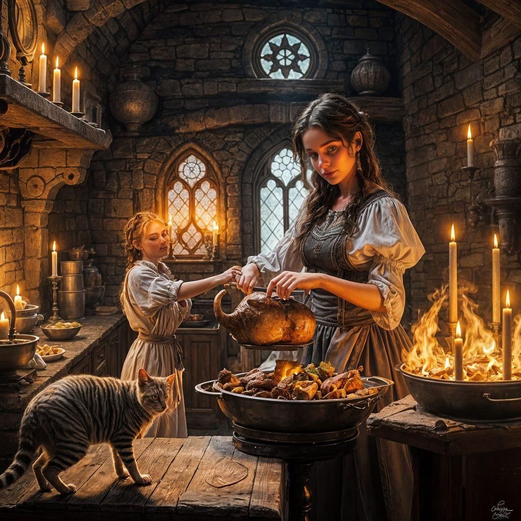 Hyperrealistic Woman Prepares Feast in Medieval Kitchen