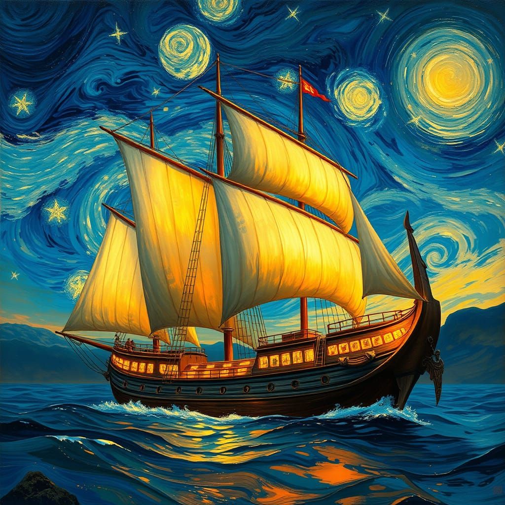 Ethereal Fantasy Ship in Swirling Night Sky