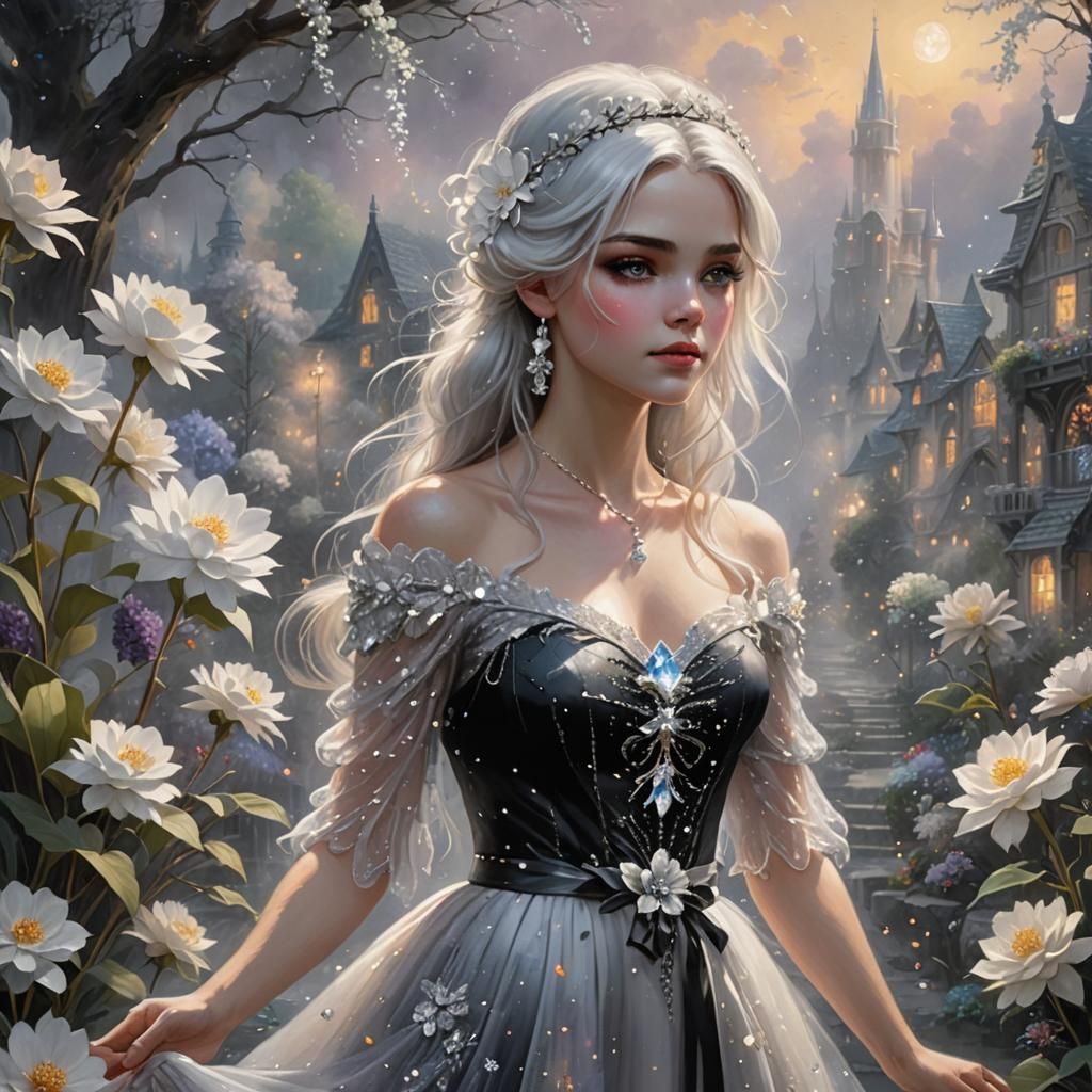 Ethereal Girl with Crystal Flower in Fantasy Garden