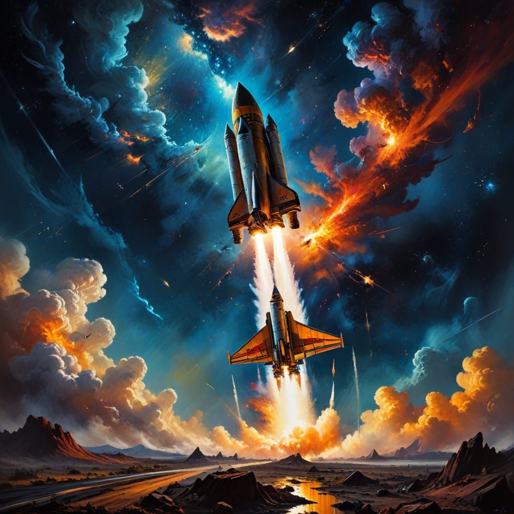 Retrofuturistic Rocket in Space Oil Painting