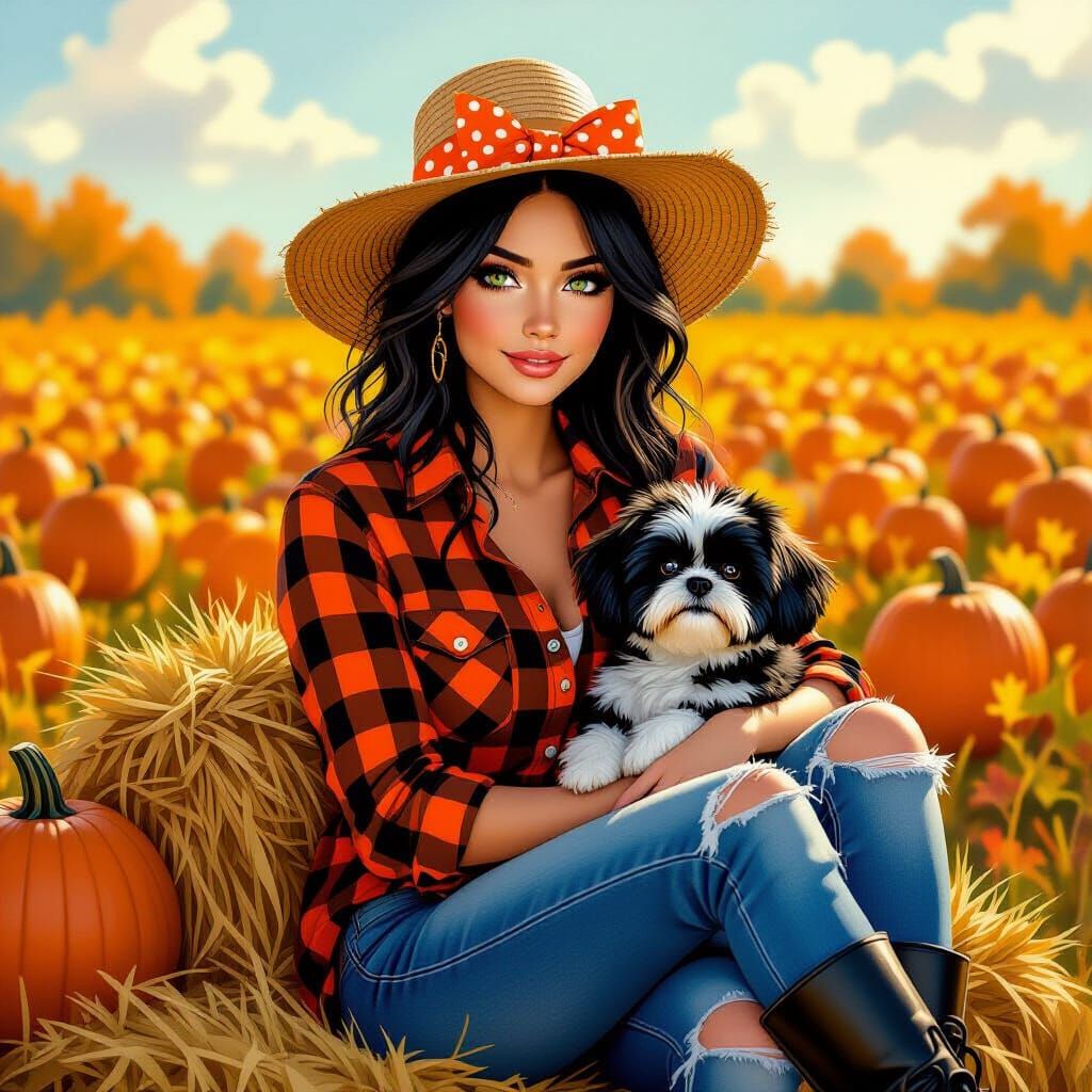 Woman in Pumpkin Field: Cinematic Illustration