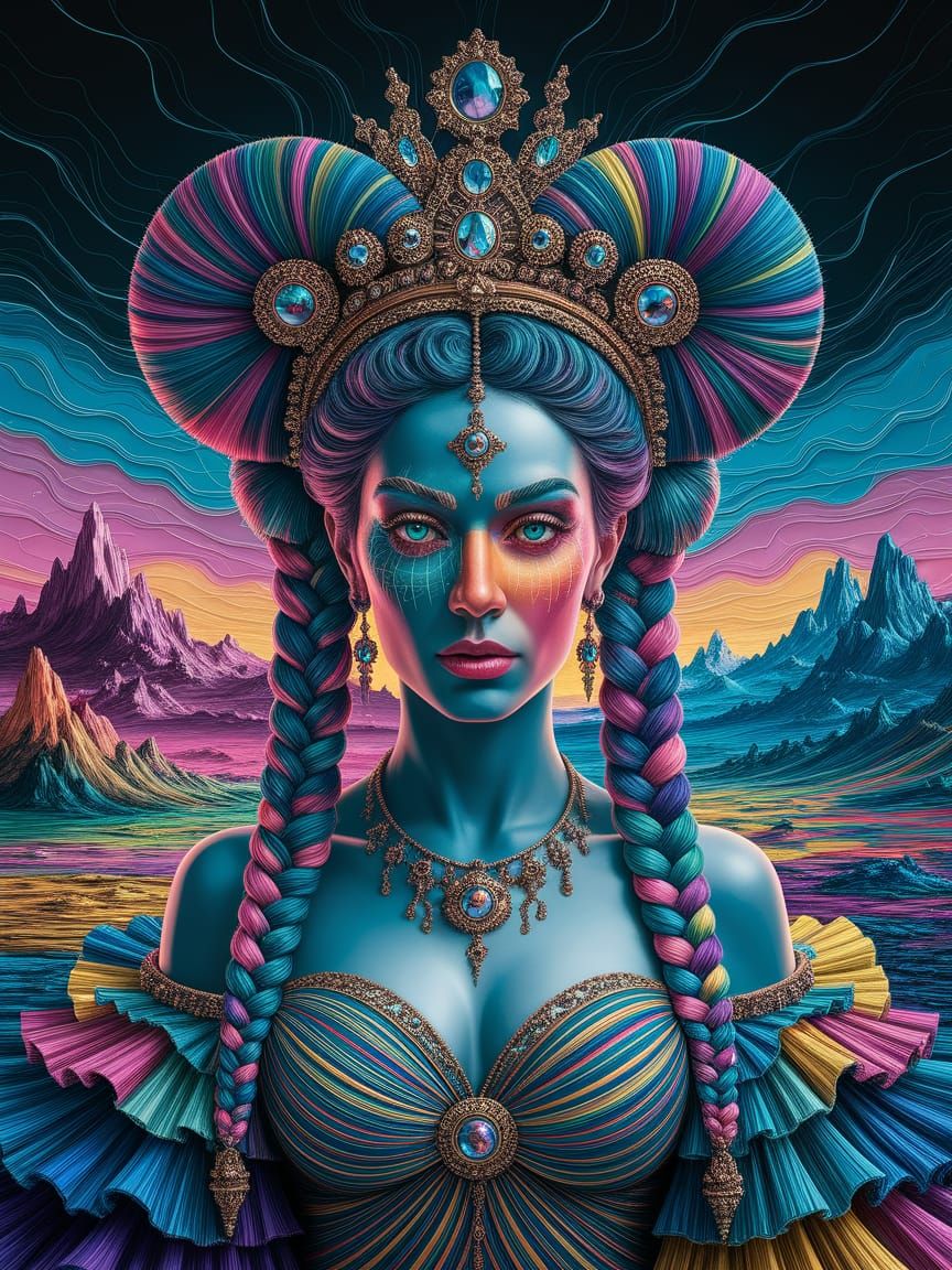 Goddess with Ribboned Braids in Psychedelic Landscape