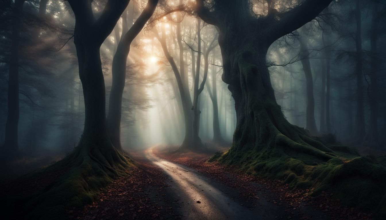 Mysterious Forest Path with Light Rays