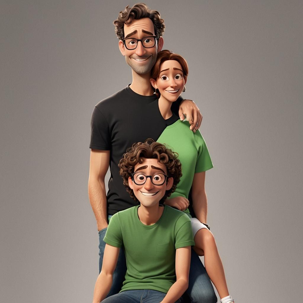 Pixar-Style Family Portrait with Mountain Waterfall