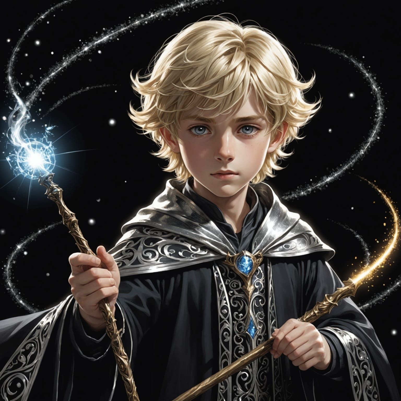 Anime Wizard with Silver Sparkles in Chiaroscuro