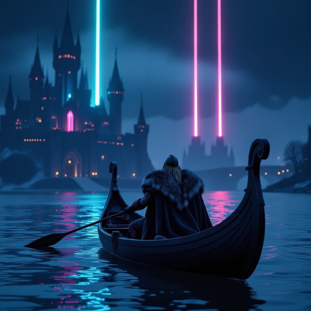 Viking Warrior on Tron River in Gothic Castle Landscape