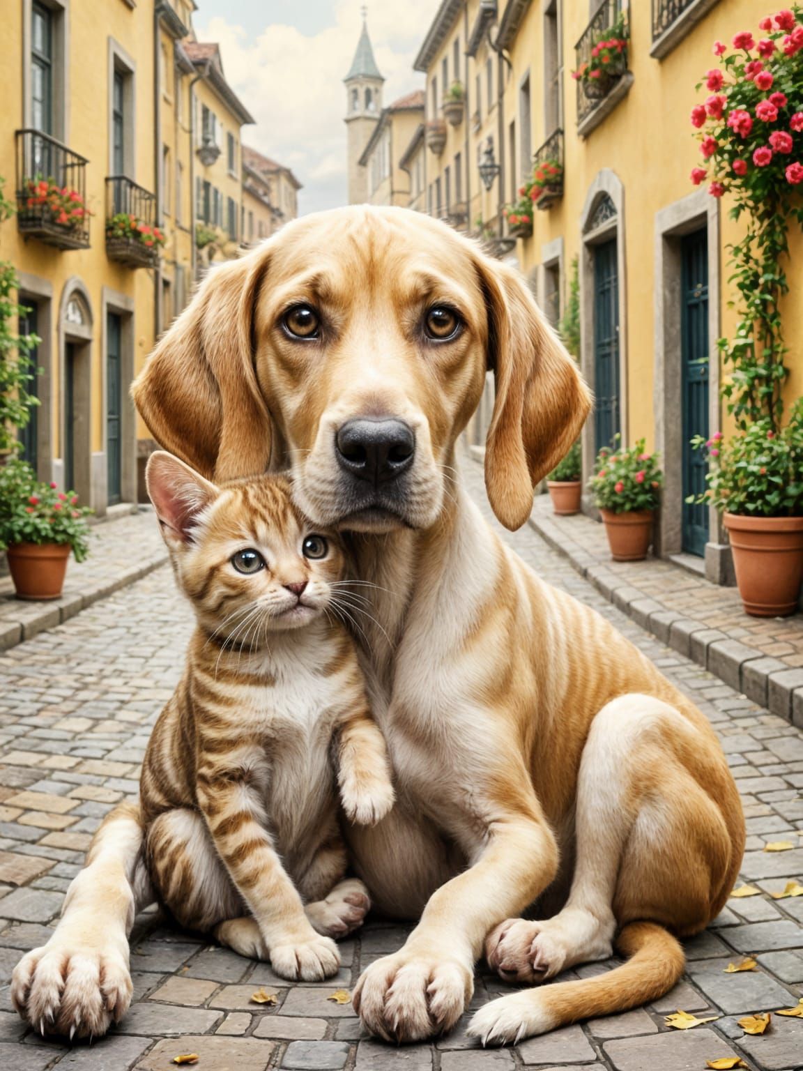 Great Dane Puppy Embraces Kitten in Painterly Style