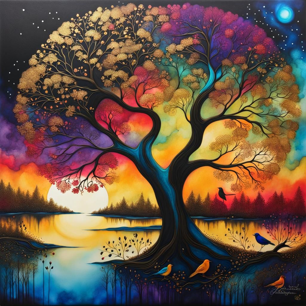Mystical Night Under Fantasy Trees in Alcohol Ink