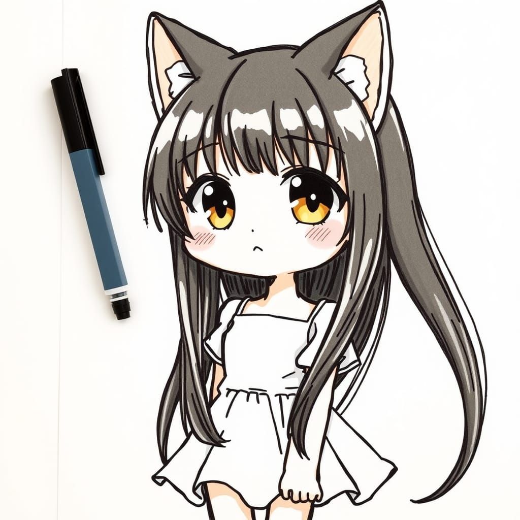 Anime Catgirl Marker Sketch in Textbook Style