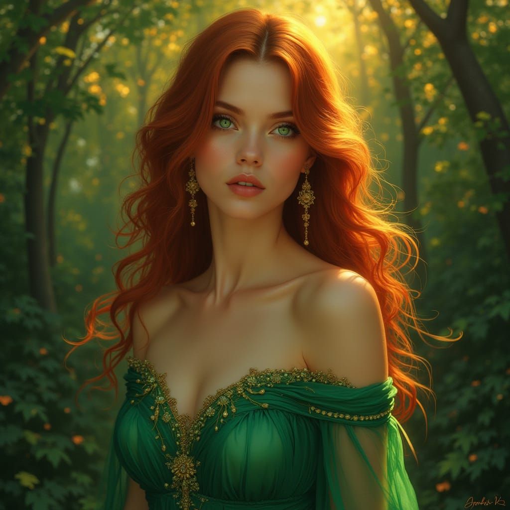 Beautiful Woman in Golden Hour Light, Art Nouveau Style
