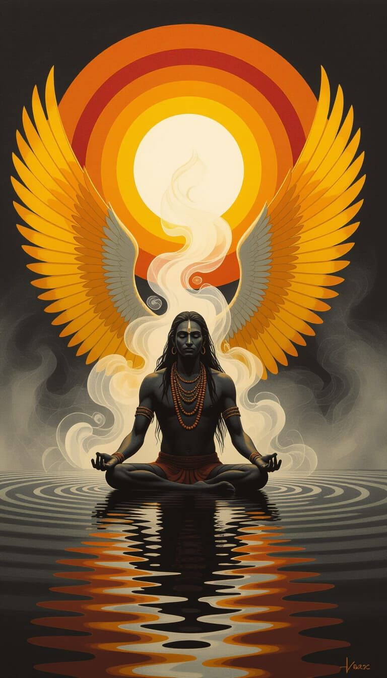 Luminous Spirit Emerges from Dark Water in Earth Pigment Sty...