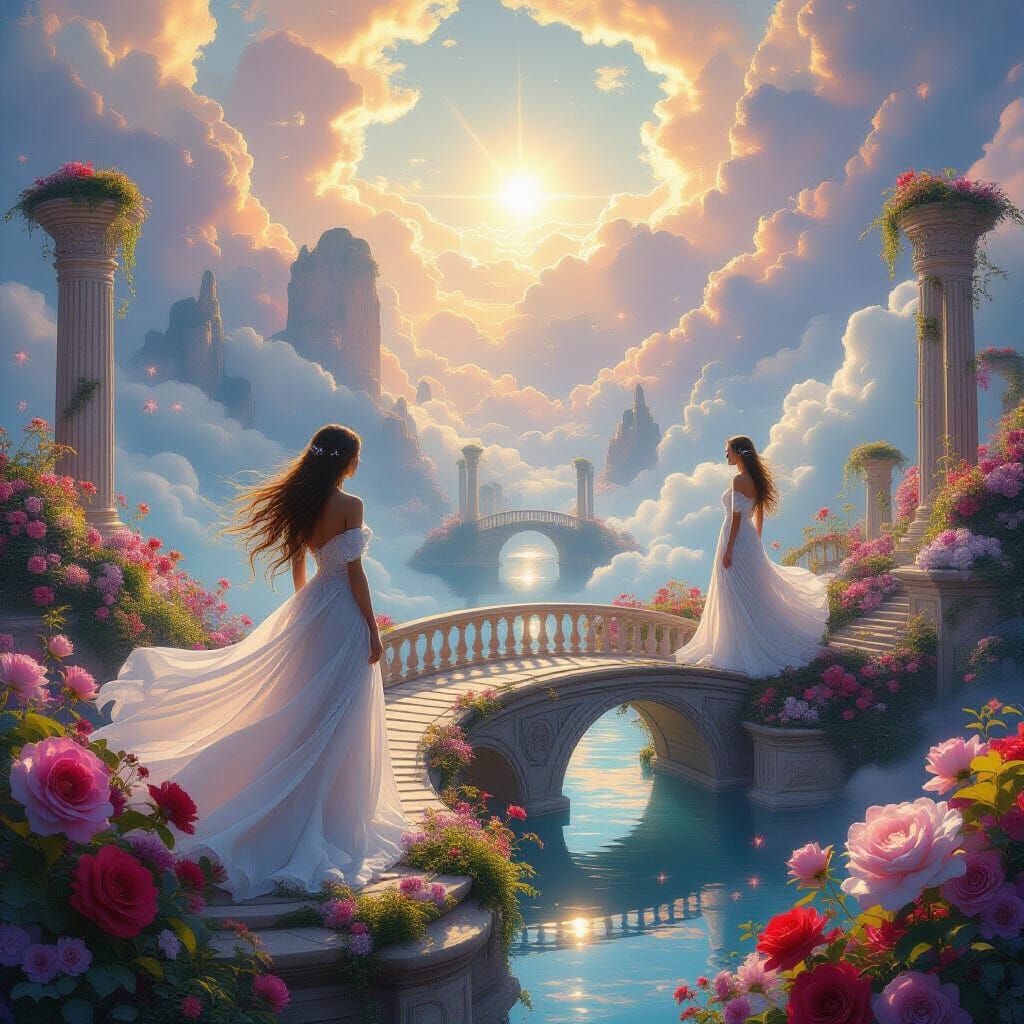 Celestial Garden with Ethereal Women: Digital Art