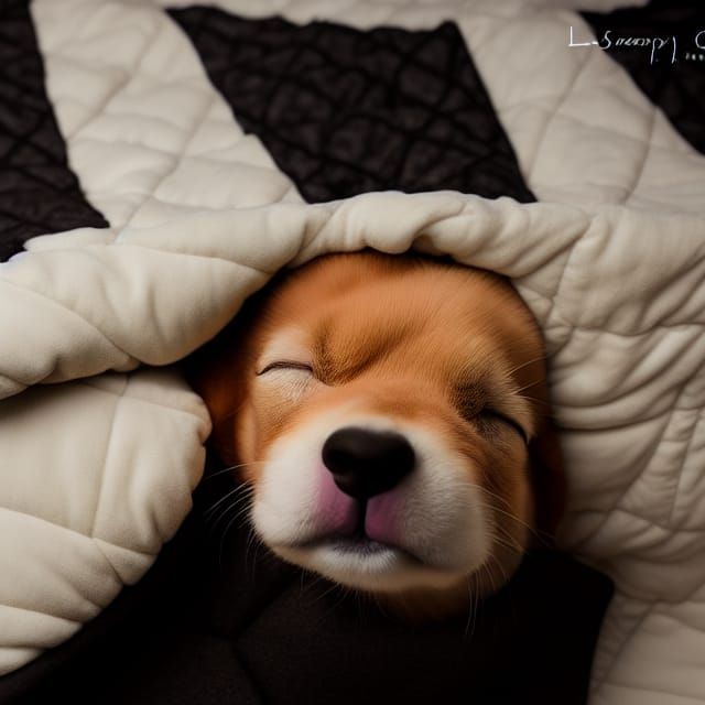 Sleepy Round Puppy Yawning on Bed in Digital Art