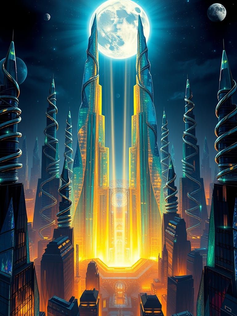 Neon Crystal Metropolis Unfolds Under Celestial Light