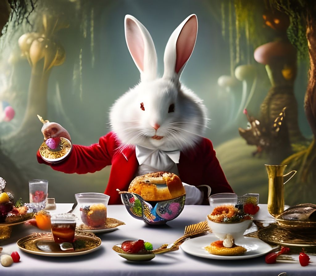 White Rabbit's Maximalist Breakfast, Hyperdetailed Oil Paint...