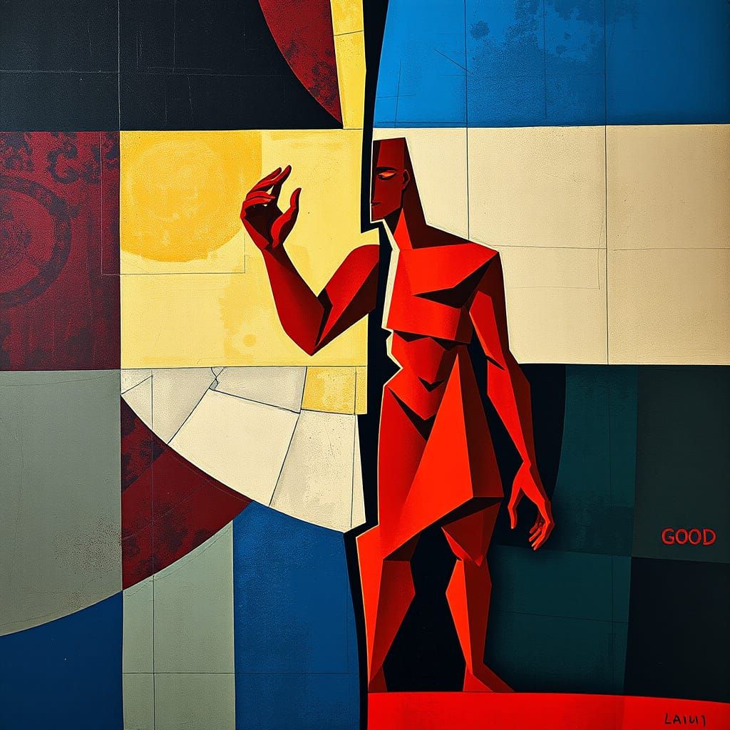 Dynamic Cubist Artwork: Red vs Blue in Geometric Harmony