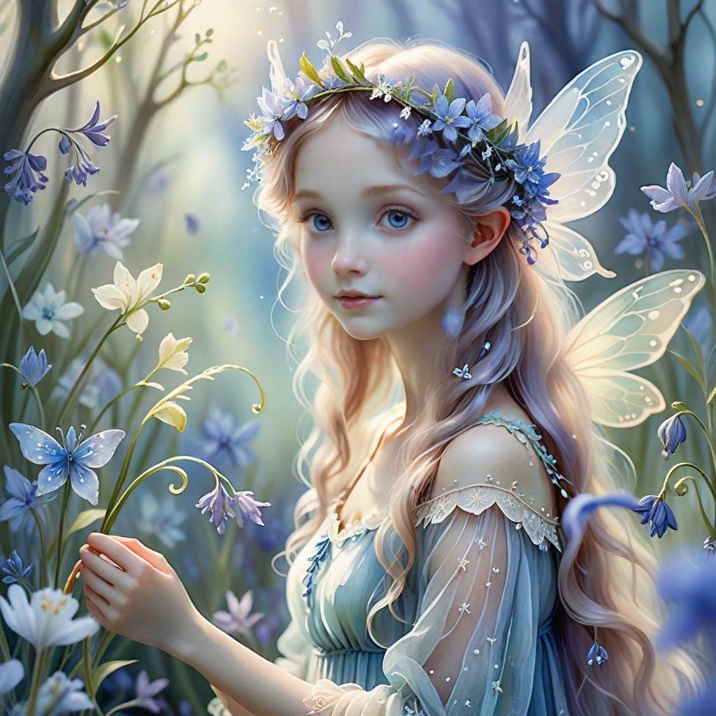 Whimsical Bluebell Fairy Amidst Enchanted Blooms