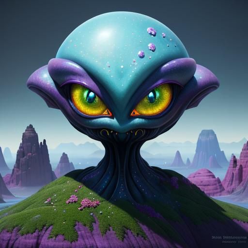Cute Alien Cartoon with Diamond Bling in Fantasy Landscape