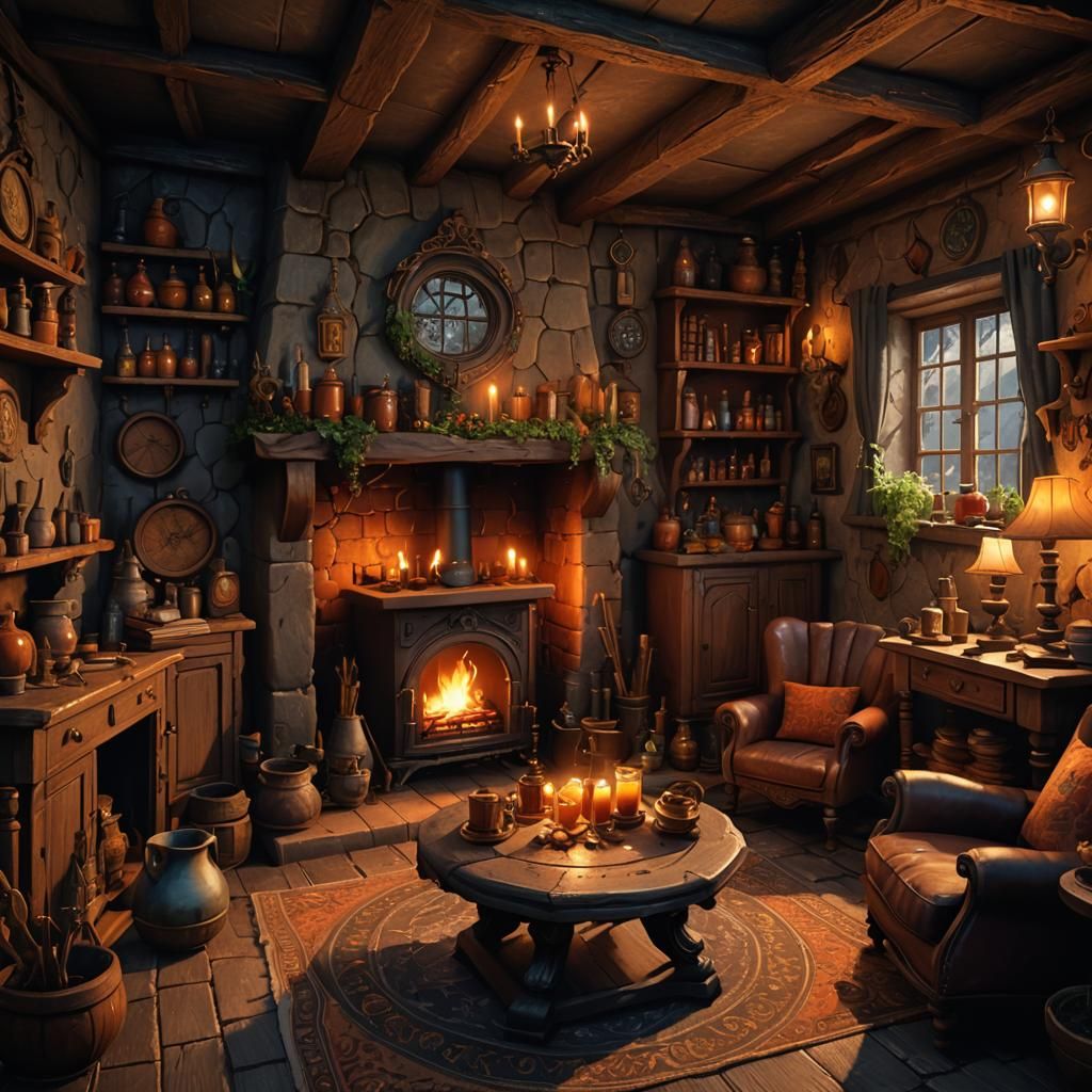 Cozy Witch Cottage Interior in Dark Fantasy Style