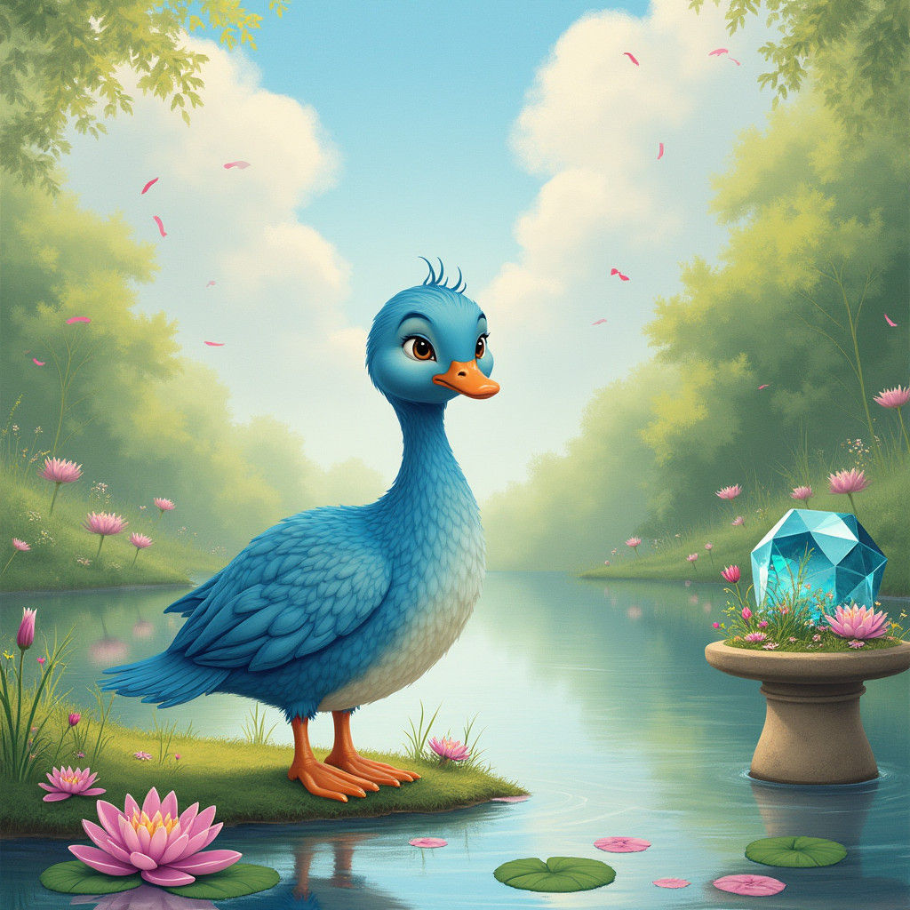 Gentle Blue Duck with Gemstone in Whimsical Watercolor